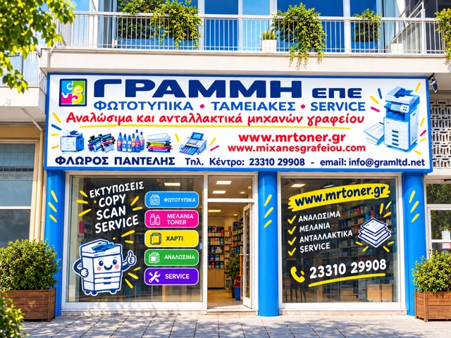 Η πρόσοψη του καταστήματος ΓΡΑΜΜΗ ΕΠΕ στην Πλατεία Ρακτιβάν, Βέροια